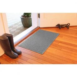 Aqua Shield Squares 18 in. x 27 in. PET Polyester Indoor Outdoor Door Mat Medium Gray by Bungalow Flooring -Bungalow Flooring Store medium gray bungalow flooring door mats 280571827 c3 1000